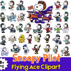 May include: A collection of over 40 digital illustrations featuring Snoopy as a pilot and traveler. The character is depicted in various aviation-themed outfits, including flight goggles, caps, and uniforms, alongside airplanes, luggage, and travel signs.