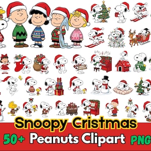 Peut inclure: Une collection de personnages Snoopy et Peanuts dans des tenues de Noël et des scènes de vacances, incluant Snoopy avec un sapin, des cadeaux et un bonhomme de neige. Le texte indique Snoopy Cristmas 50+ Peanuts Clipart PNG. Illustrations numériques.