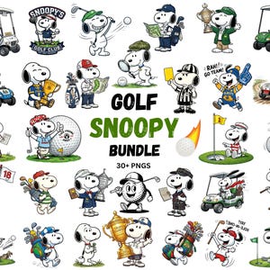 May include: A digital collection of over 30 Snoopy illustrations featuring the character in various golf-themed activities, including driving golf carts, holding trophies, swinging clubs, and interacting with golf balls, with the text GOLF SNOOPY BUNDLE.