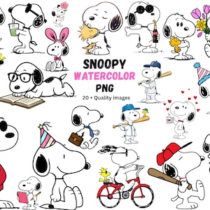 May include: A selection of Snoopy watercolour PNG images. Snoopy is shown in various poses, such as wearing sunglasses, holding flowers, and wearing a baseball uniform. The images are in black, white, and red.