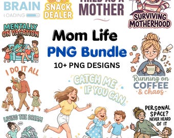 Paquete de imágenes PNG "Vida de Mamá" / Diseños Retro Coffee Chaos (Descarga digital)