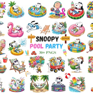 Puede incluir: Una colección de más de 30 ilustraciones digitales que muestran a Snoopy y sus amigos en varias escenas de verano y fiestas en la piscina, incluyendo equipo de playa, flotadores inflables, flores tropicales y el texto Snoopy Pool Party 30+ PNGS.