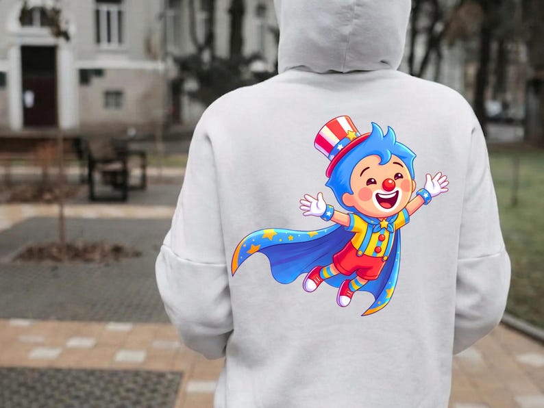 Puede incluir: Sudadera con capucha blanca con un colorido dibujo de un payaso de dibujos animados en la espalda. El payaso lleva un sombrero rojo, blanco y azul, una capa azul con estrellas y un atuendo amarillo y rojo. El payaso sonr&iacute;e y tiene los brazos extendidos.