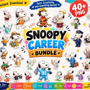 Pode incluir: Uma coleção digital de mais de 40 arquivos PNG com Snoopy em várias roupas profissionais, incluindo bombeiro, astronauta, piloto, chef e artista. O texto central diz Snoopy Career Bundle, cercado por ilustrações coloridas.