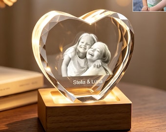 Personalized Heart 3D Crystal Photo LED Lamp,Custom Laser Etched Glass Picture,Anniversary Gift,Family Photo Gift,Romantic Gift for Couples