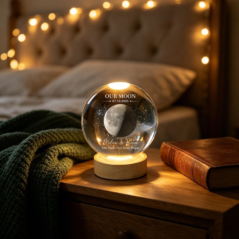Op de afbeelding: Een heldere glazen bolvormige lamp op een lichte houten voet met een interne 3D-lasergravure van een maanfase, sterren en de tekst "OUR MOON 07.16.2025 Miles & Fiona The Night Our Story Began" verlicht door een warme interne lichtbron.