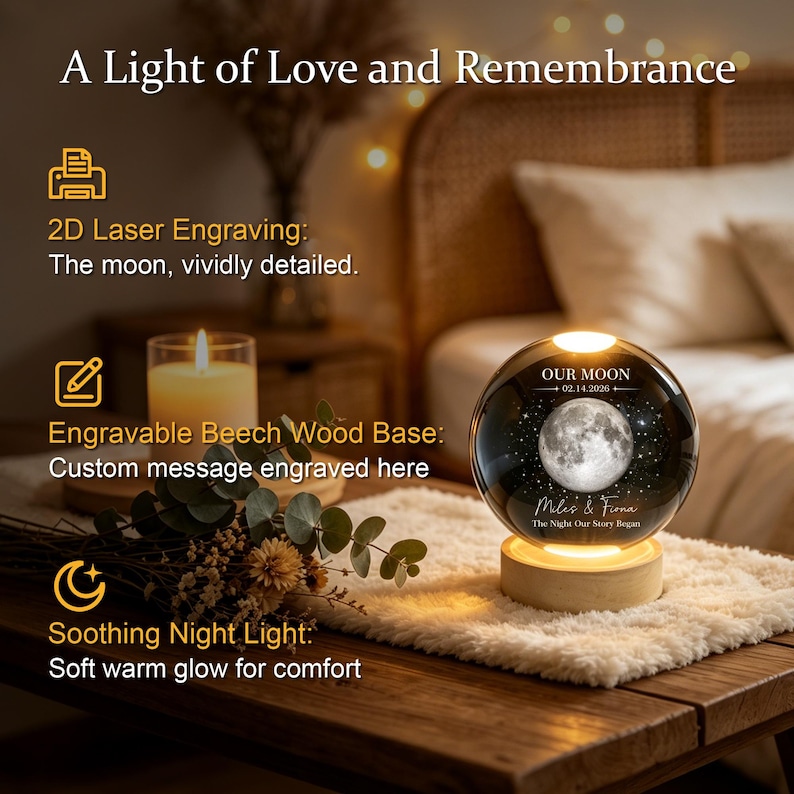 Op de afbeelding: Een bolvormig glazen nachtlampje met een 2D-lasergravure van de maan, de tekst "OUR MOON 02.14.2026" en "Miles & Fiona The Night Our Story Began," rustend op een ronde, verlichte beukenhouten voet die een zachte warme gloed uitstraalt.