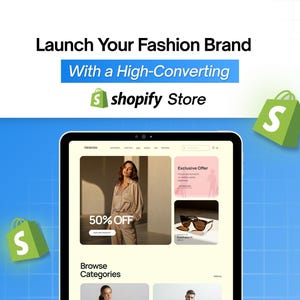 May include: An advertisement for Shopify, promoting it for fashion brands. The image shows a tablet displaying a website with a model in a beige outfit, sunglasses, and the text "50% OFF". The Shopify logo and text are also visible.