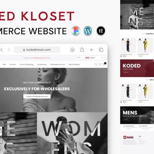 Puede incluir: Captura de pantalla del sitio web de comercio electr&oacute;nico Koded Kloset, con un dise&ntilde;o en blanco y negro. El sitio web muestra ropa y accesorios, con el texto "Exclusively for Wholesalers". La URL del sitio web es kodedkloset.com.