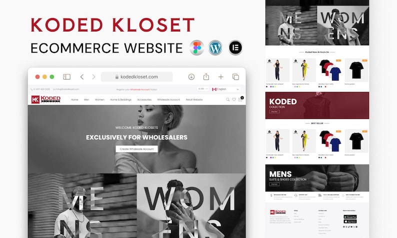 Puede incluir: Captura de pantalla del sitio web de comercio electr&oacute;nico Koded Kloset, con un dise&ntilde;o en blanco y negro. El sitio web muestra ropa y accesorios, con el texto "Exclusively for Wholesalers". La URL del sitio web es kodedkloset.com.