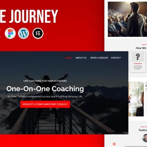 Puede incluir: Un dise&ntilde;o de sitio web con el texto "INSPIRE JOURNEY WEBSITE" en la parte superior. La p&aacute;gina de inicio del sitio web presenta un fondo azul oscuro con el texto "One-On-One Coaching" y "REQUEST A COMPLIMENTARY CONSULT". Se muestran p&aacute;ginas adicionales con el texto "Transforming Lives Through Expert Coaching".