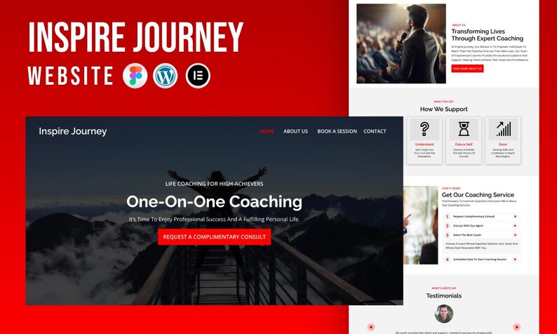 Puede incluir: Un dise&ntilde;o de sitio web con el texto "INSPIRE JOURNEY WEBSITE" en la parte superior. La p&aacute;gina de inicio del sitio web presenta un fondo azul oscuro con el texto "One-On-One Coaching" y "REQUEST A COMPLIMENTARY CONSULT". Se muestran p&aacute;ginas adicionales con el texto "Transforming Lives Through Expert Coaching".