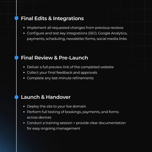 Puede incluir: Un fondo oscuro con texto blanco que describe los pasos finales de un proyecto web. Los pasos incluyen ediciones finales, integraciones, revisi&oacute;n, pre-lanzamiento, lanzamiento y entrega. Las vi&ntilde;etas detallan cada paso.