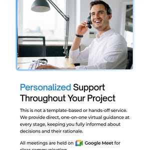 Puede incluir: Una persona sonriente con auriculares, trabajando en una computadora. La imagen incluye el texto "Personalized Support Throughout Your Project" y detalles sobre orientaci&oacute;n virtual individual y reuniones de Google Meet.
