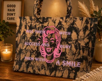 Borsa tote retrò tie-dye / Borsa tote in tela divertente da cowgirl western / Borsa "Kill Them With Success" / Borsa shopping rosa con grafica / Borsa trendy per tutti i giorni