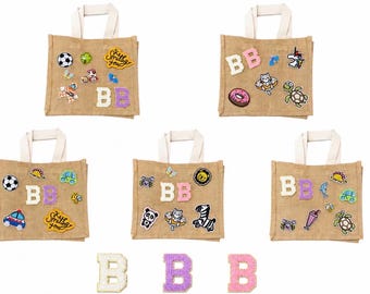 Mini borsa da spiaggia personalizzata in juta / Borsa tote con iniziale per bambini, Borsa per le vacanze per bambini piccoli, Regalo con toppa