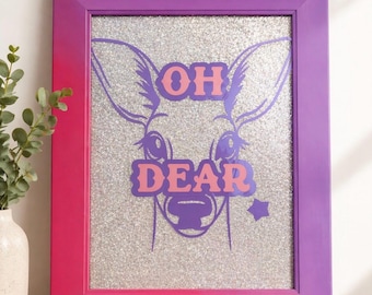 Handmade Deer Wall Art: Glitter, Pink Purple Frame, Quirky Animal Decor