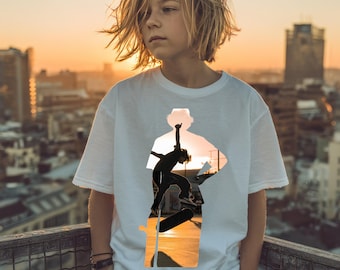 Skateboard Sunset - Camiseta urbana con skater saltando, idea de regalo para adolescentes