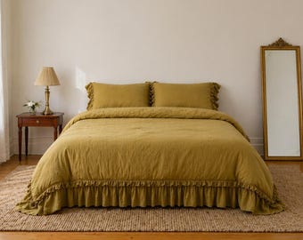 Leinen Rüschen Bettbezug Set. 100% französisches Flachsleinen-Bettwäscheset. Aufgeweichtes gewaschenes Leinenbett. Königin voller Zwillingskönig alle kundenspezifische Größe vorhanden.