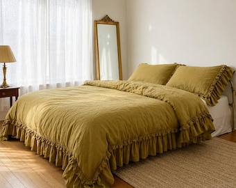 Set copripiumino con volant. Set di biancheria da letto in lino francese 100%. Biancheria da letto in lino lavato e ammorbidito. Disponibile nelle misure matrimoniale, singola, king size e in tutte le misure personalizzate.
