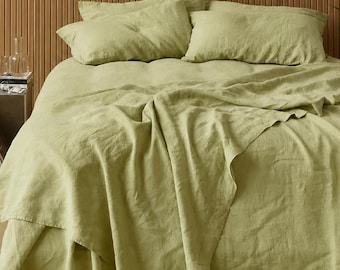 4pcs Linen Sheet Set in Matcha. fitted sheet, flat sheet, 2 Pillowcase. 100% French flax linen bedding set. Queen king full twin Custom Size