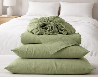 Softened 4pcs Sheet Set. fitted sheet, flat sheet, 2 Pillowcase. 100% French flax linen bedding set. Queen king full twin Custom Size.
