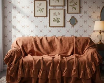 Leinen Doppel Rüschen Sofabezug, extra große Rüschen auf drei Seiten, gewaschener Leinen Sofabezug, weicher Leinen Couchbezug in vielen Farben