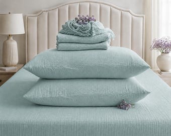 Dusty Aqua Musselin Spannbettlaken mit 2 Kissenbezug. Weich gewaschener BIO-Baumwolle Tief Einstecktuch. Königin König voller Zwilling Benutzerdefinierte Größe verfügbar.