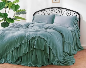 Leinen Rüschen Bettbezug Set. 100% französisches Flachsleinen-Bettwäscheset. Softened Gewaschene Leinenbettwäsche. Königin voll Zwillingskönig alle benutzerdefinierten Größe.
