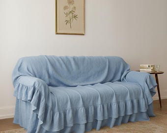 Double Ruffled Linen White Sofa Cover, Extra Large Ruffles on Three Sides, Washed Linen Slipcover, Soft linen Couch cover in many Colors