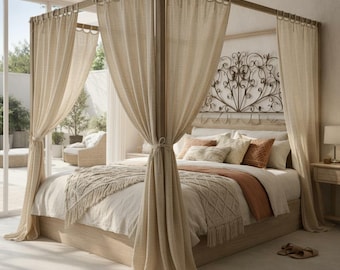 Cortinas tipo dosel de lino natural en varios colores. Con lazos en la parte superior y trabillas en la parte posterior. Cortinas de lino con bolsillo para barra. Cortina tipo dosel transparente de cuatro esquinas.