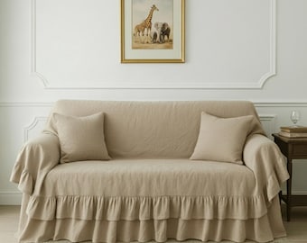 Funda de sofá de lino natural claro con volantes, volantes extragrandes en tres lados, funda de lino lavado, funda de sofá de lino suave en muchos colores.