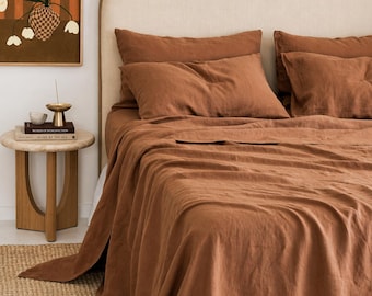 Juego de sábanas de lino. 1 sábana bajera, 1 sábana encimera, 2 fundas de almohada. Juego de ropa de cama 100% lino francés. Tamaños disponibles: Queen, King, Full y Twin. Tamaños personalizados disponibles.