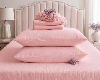 Blush rosa Musselin Spannbettlaken mit 2 Kissenbezügen. Weich gewaschener BIO-Baumwolle Tief Einstecktuch. Königin König voller Zwilling Benutzerdefinierte Größe verfügbar.