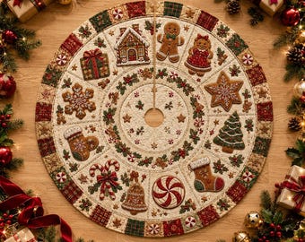 Gingerbread Christmas Tree Skirt, Quilted Tree Skirt, Candy Cane Christmas Decor, Vintage Patchwork Tree Skirt, Farmhouse Holiday Decor