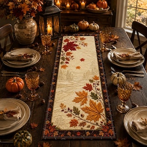 May include: A rectangular table runner featuring a quilted cream-colored center with an embroidered autumn landscape and vibrant maple leaves in shades of red, orange, and green, framed by a dark brown border with a repeating leaf pattern.