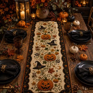 Puede incluir: Un camino de mesa rectangular con un centro de color crema que presenta un patrón repetitivo de calabazas de Halloween naranjas, sombreros de bruja negros, lunas crecientes y hojas de otoño, bordeado por un borde negro festoneado.