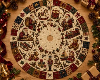 Nostalgische Weihnachtsdeko, Vintage-Weihnachtsbaumdecke mit Weihnachtsmann, gesteppte Weihnachtsbaumdecke, antike Spielzeugdeko, Patchwork-Weihnachtsbaumdecke