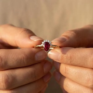 925 sterling silver, Gold Pear Ruby Ring with Diamond Accent Minimalist Dainty Stacking Ring