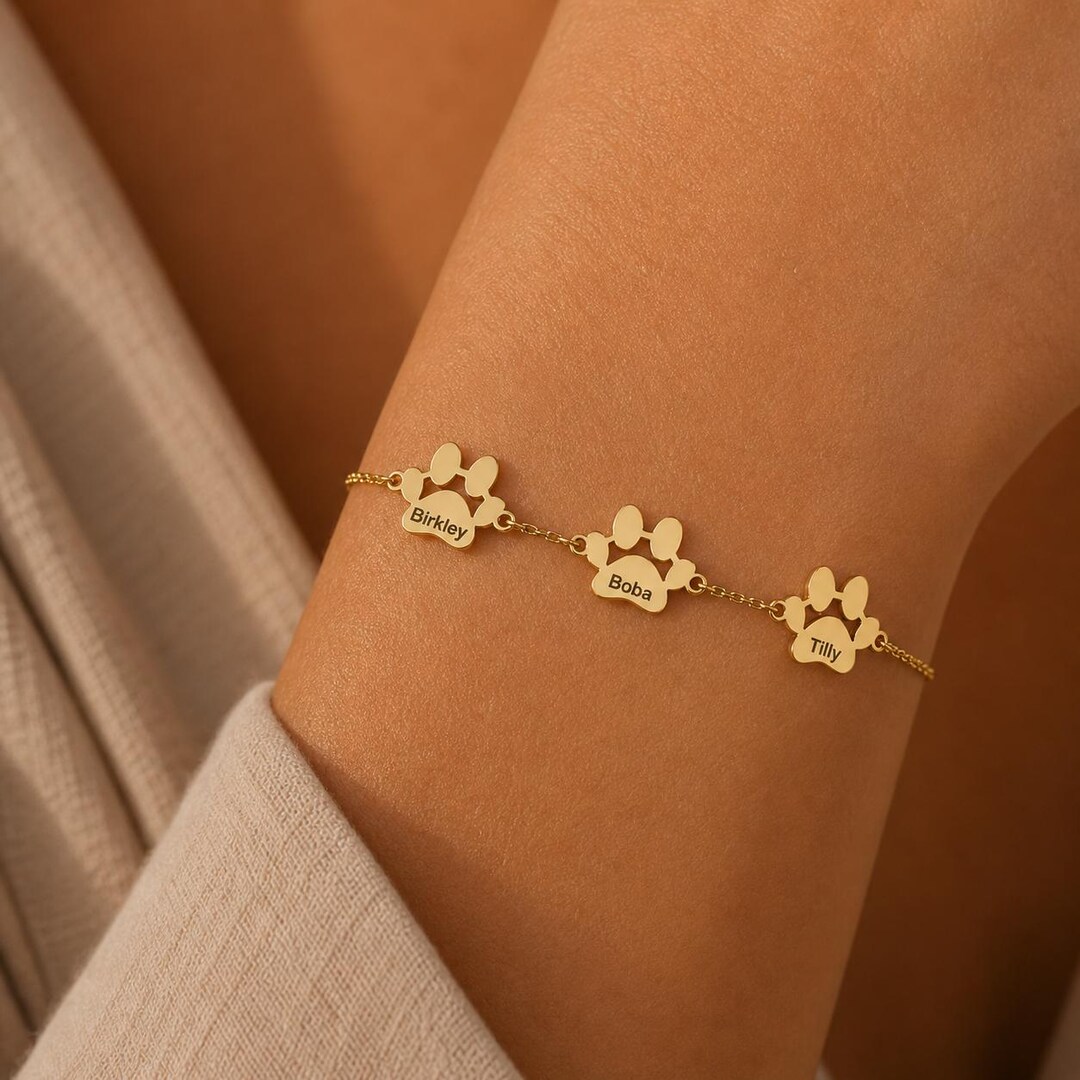 Gold Paw Print Name Bracelet Personalized Pet Name Jewelry Minimalist ...