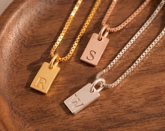 Personalized Initial Bar Necklace Gold Silver Rose Gold Minimalist Engraved Tag Pendant