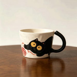 May include: A white ceramic mug with a black cat illustration playing with red yarn. The mug has a black handle and is sitting on a wooden surface. The cat has large yellow eyes.