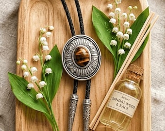 Tiger Eye Brass Bolo Tie, Western Cowboy Necklace, Southwestern Vintage Groom Jewelry