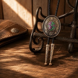 May include: A bolo tie featuring a black braided leather cord and an oval-shaped antique brass centerpiece with intricate scrollwork engravings. The center is inlaid with a polished oval stone displaying mottled shades of deep green and magenta.