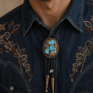 May include: Oval turquoise bolo tie with a bronze-colored rope-like border. The turquoise stone has brown matrix patterns. The bolo tie is worn on a denim shirt with floral embroidery.