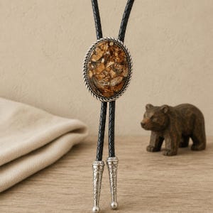 Rustieke bruine bolo-das met mozaïeksteentjes voor heren, ovale western leren koorddas, cowboyaccessoire