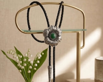 Green Agate Floral Bolo Tie for Men Women, Western Silver Cowboy Necklace, Groom Wedding Jewelry