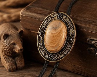 Picture Jasper Bolo Tie for Cowboy, Desert Stone Brass Necktie, Western Ranch Style Leather Tie