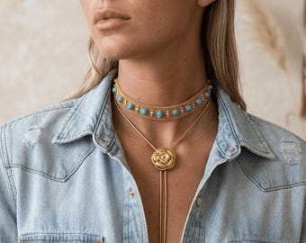 Western Rose Bolo Tie for Women Cowgirl, Bolo Necklace Gold, Metal Chain