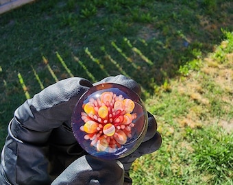 May include: A spherical glass marble featuring a deep purple translucent outer layer and an intricate internal design of clustered, multi-colored spheres in shades of orange, yellow, and red, resembling a vibrant floral or coral-like structure.